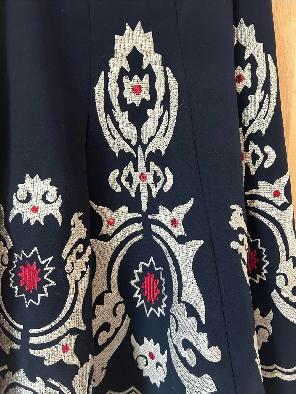 Sunny Leigh Navy Circle a-line Skirt with Cream and Red Embroidery, size 10